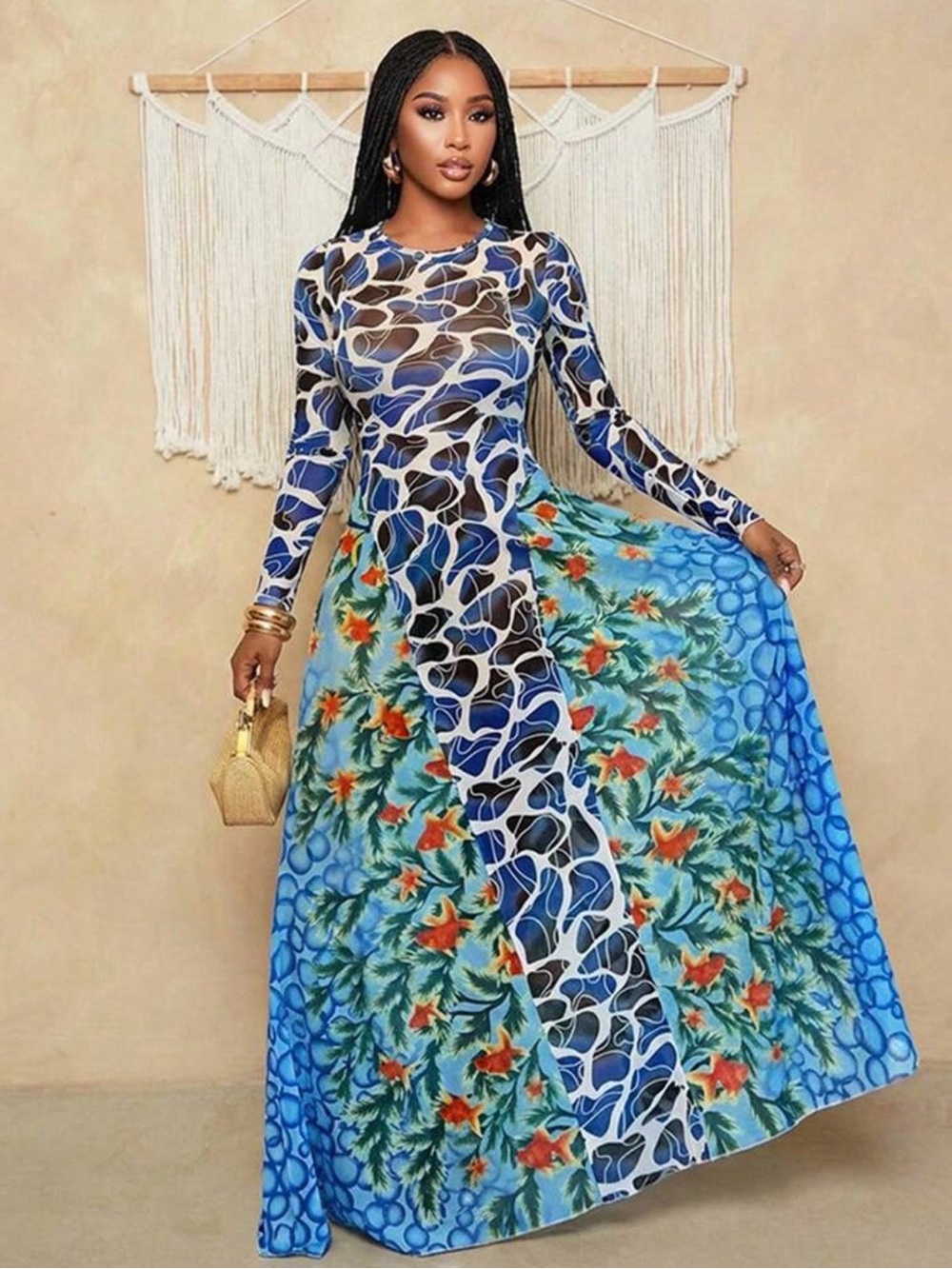 Long Sleeve Blue Floral Print Maxi Dress